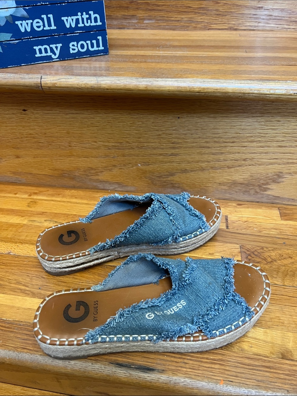 GUESS Denim Frayed Crossover Espadrille Mules - Blue